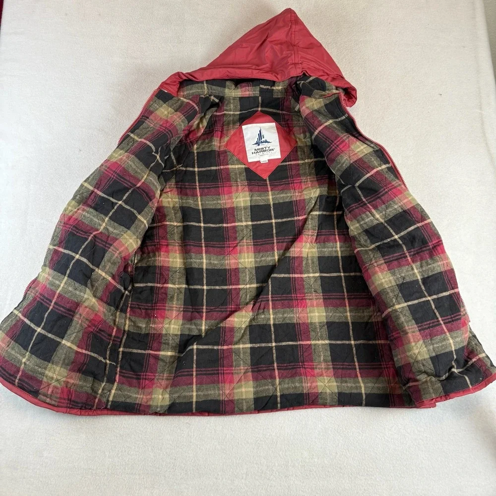 90s Misty Harbor Original Mens Red Hooded Rain Jacket Plaid Flannel Lined Large